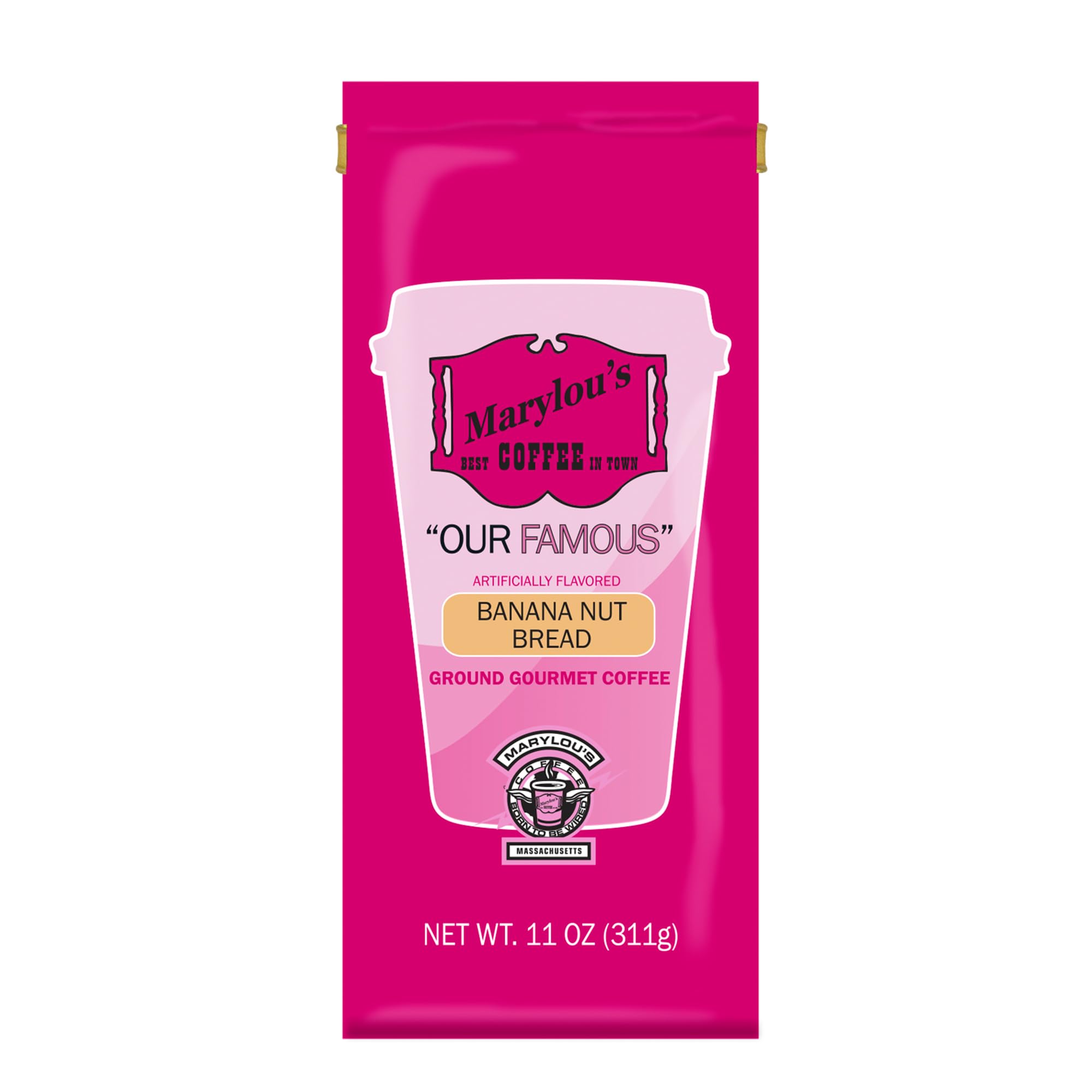 Marylou's Banana Nut Bread ground coffee in a 11oz pack ready to brew for cozy mornings.