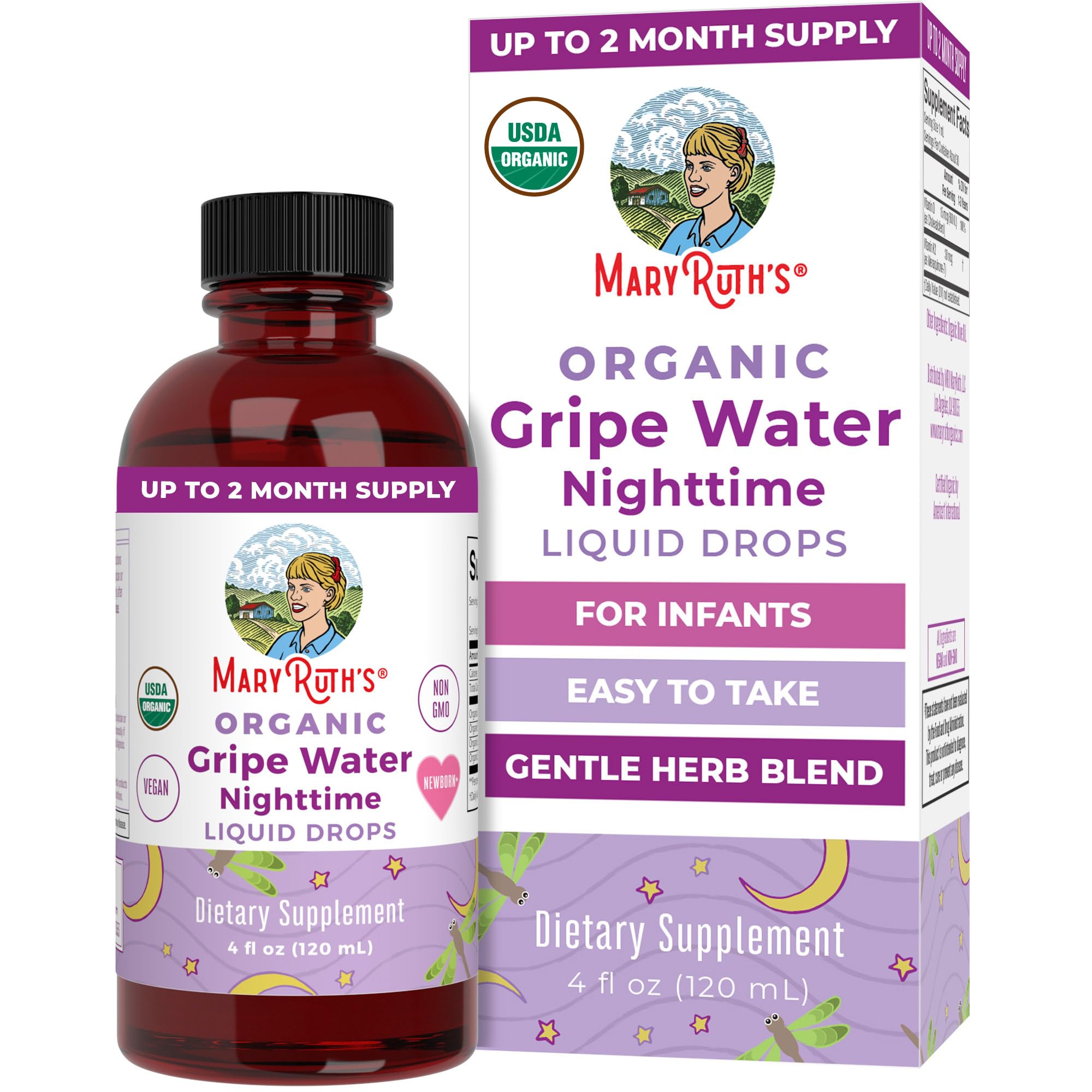 MARYRUTH'S Nighttime Gripe Water bottle shows organic ingredients for newborn comfort.