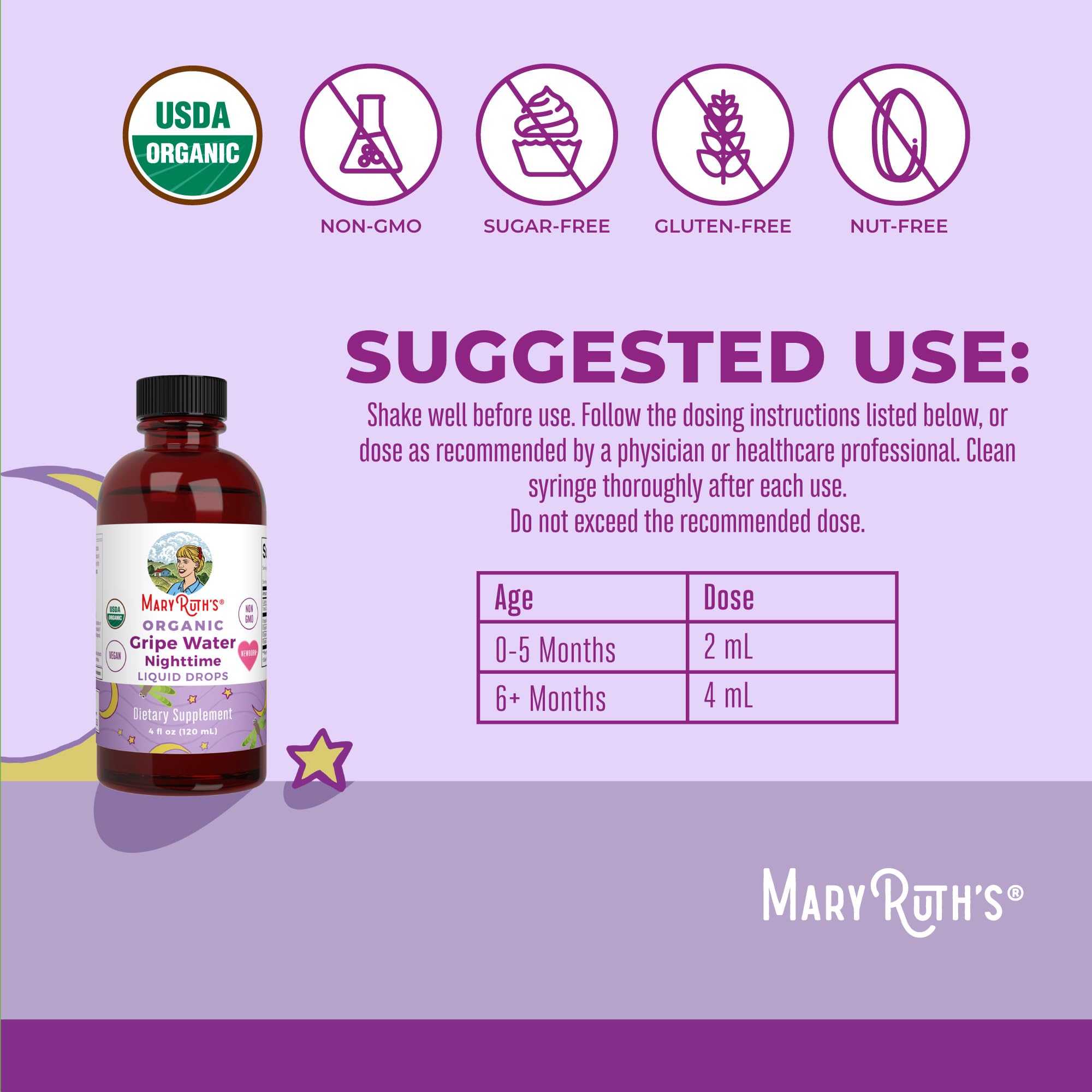 MARYRUTH'S Nighttime Gripe Water with dropper supports gentle baby care routines.