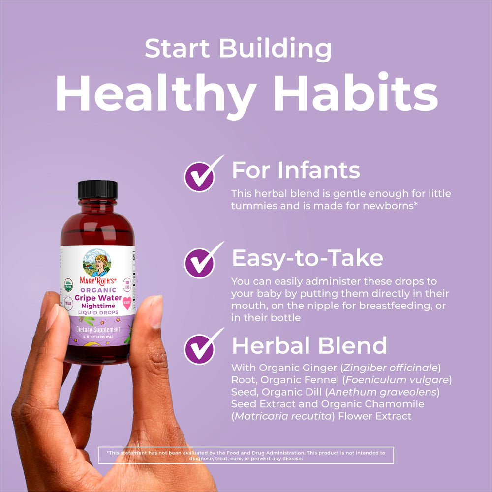 MARYRUTH'S Nighttime Gripe Water organic label highlights USDA Organic certification.