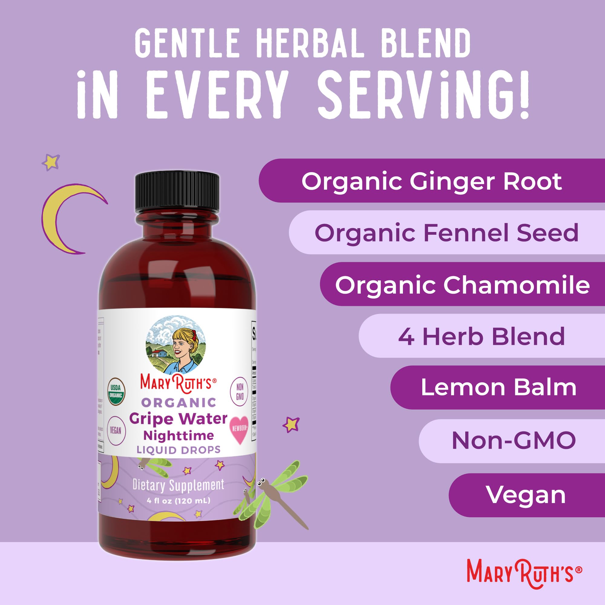 MARYRUTH'S Nighttime Gripe Water packaging notes vegan, dairy-free and gluten-free options.