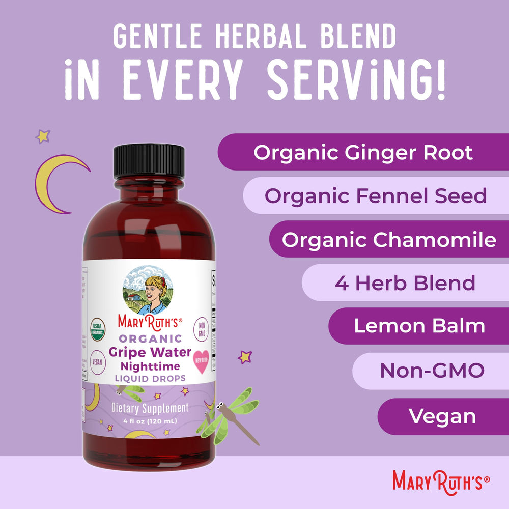 MARYRUTH'S Nighttime Gripe Water packaging notes vegan, dairy-free and gluten-free options.