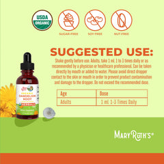 MaryRuth's Organic Dandelion Root label shows organic and vegan credentials.