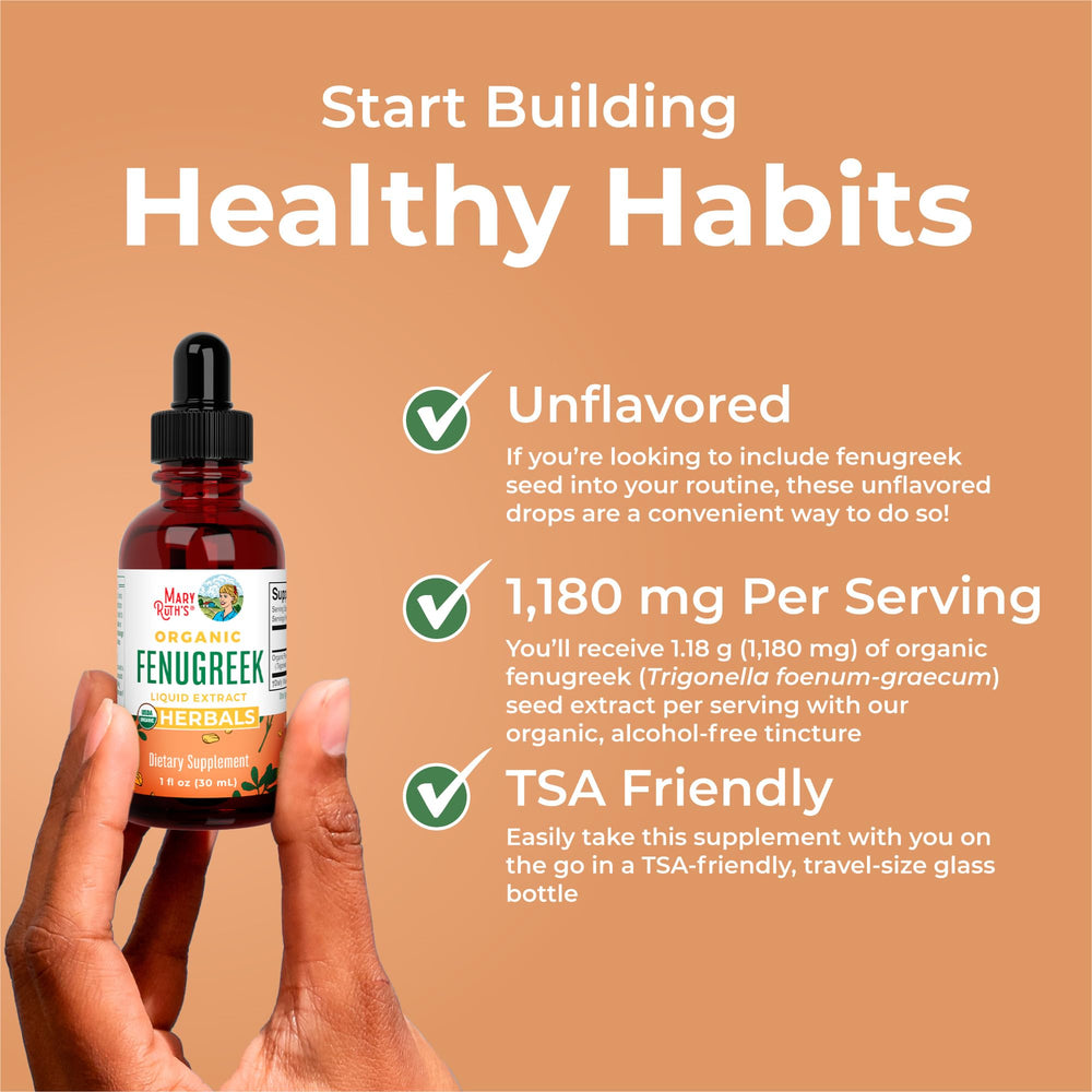MaryRuth's fenugreek bottle held in hand for on-the-go use.
