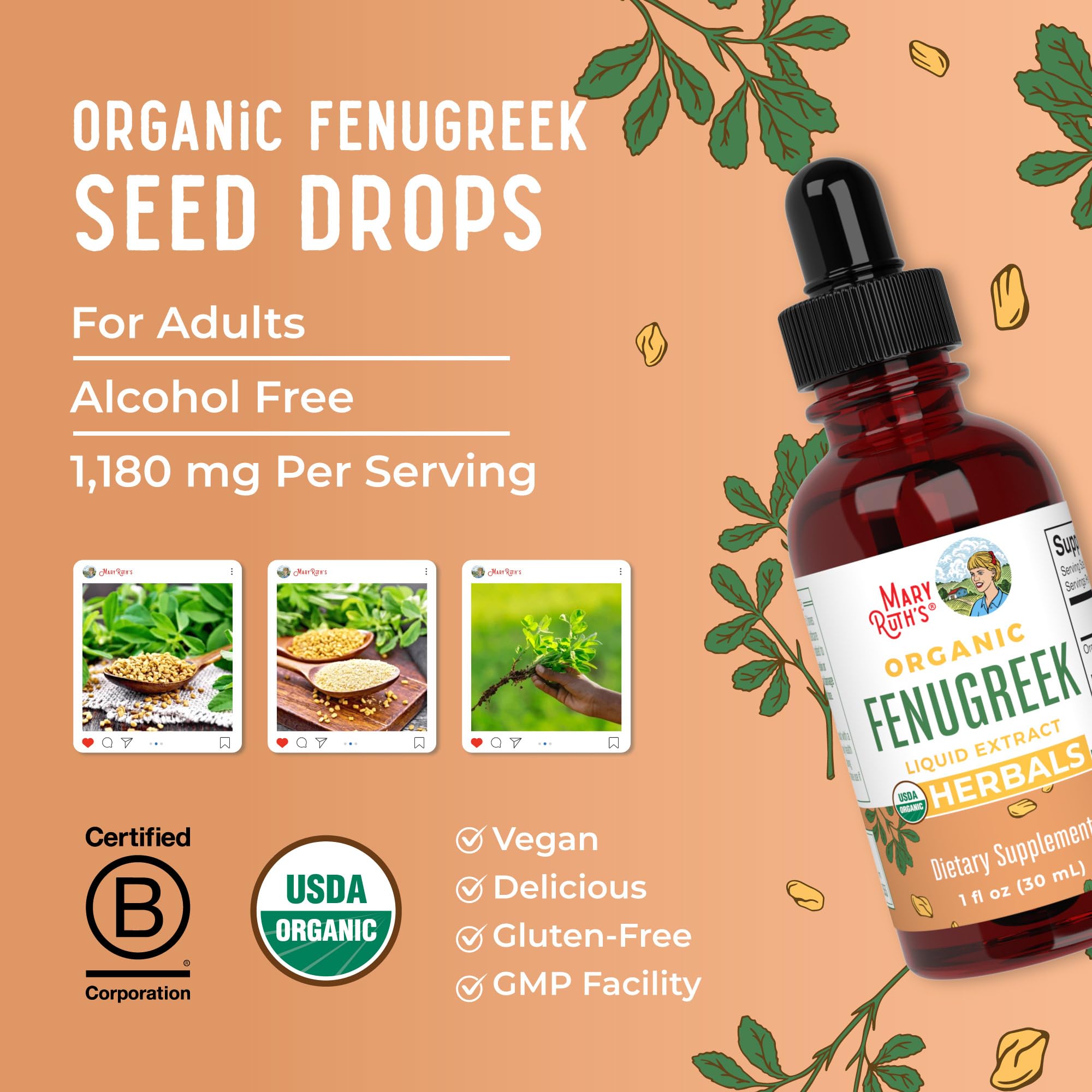Certifications and labels on MaryRuth's fenugreek extract packaging.