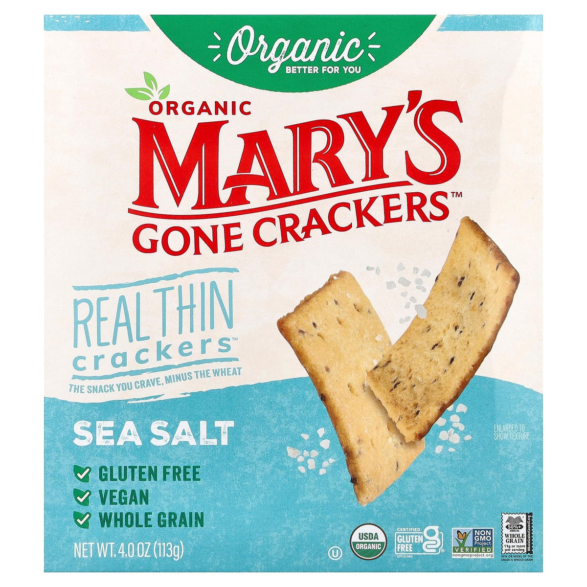 Marys Gone Crackers Cracker Thin Sea Salt packshot shows a crisp, savory snack for everyday dipping.