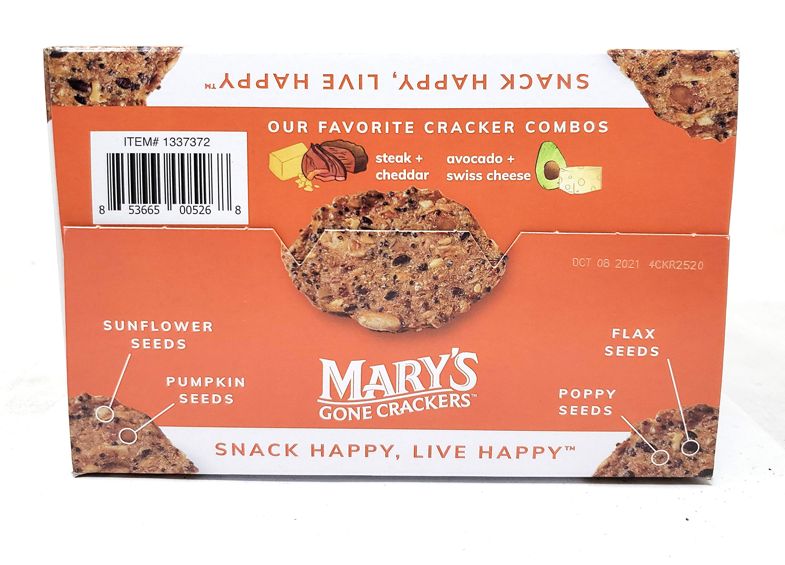 Mary's Gone Crackers Organic packaging highlighting wholesome ingredients for snacking.