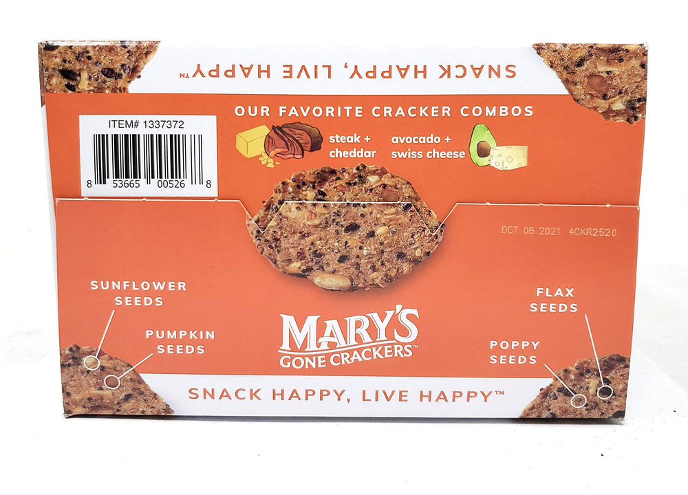 Mary's Gone Crackers Organic packaging highlighting wholesome ingredients for snacking.