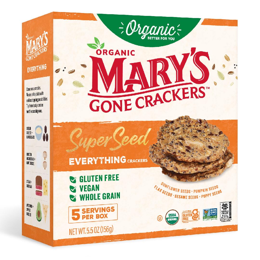 Mary's Gone Crackers Super Seed Everything cracker box front, gluten-free snack for on-the-go.