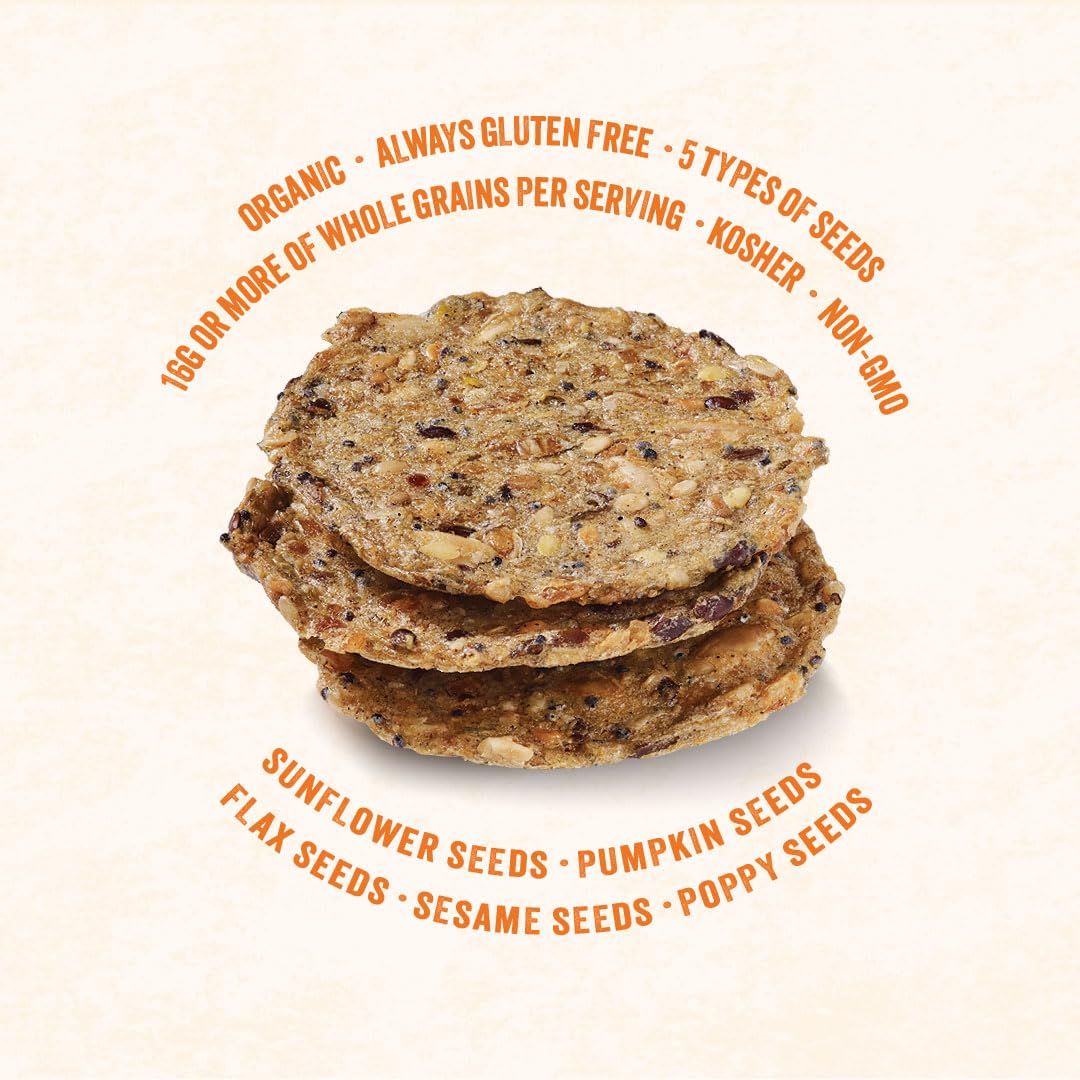 Mary's Gone Crackers Super Seed Everything cracker packaging back, gluten-free and plant-based.