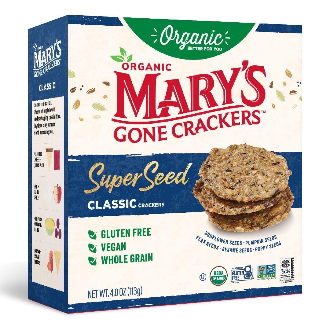 Box shot of Mary’s Gone Crackers SuperSeed Variety Pack showing six flavors