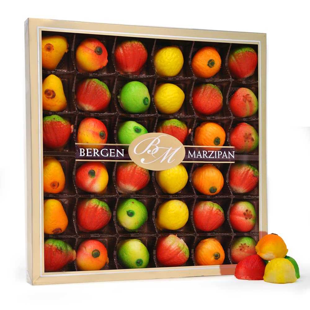 Marzipan Bergen 36-piece fruit box tray with colorful fruit-shaped marzipan, ideal for gifting.