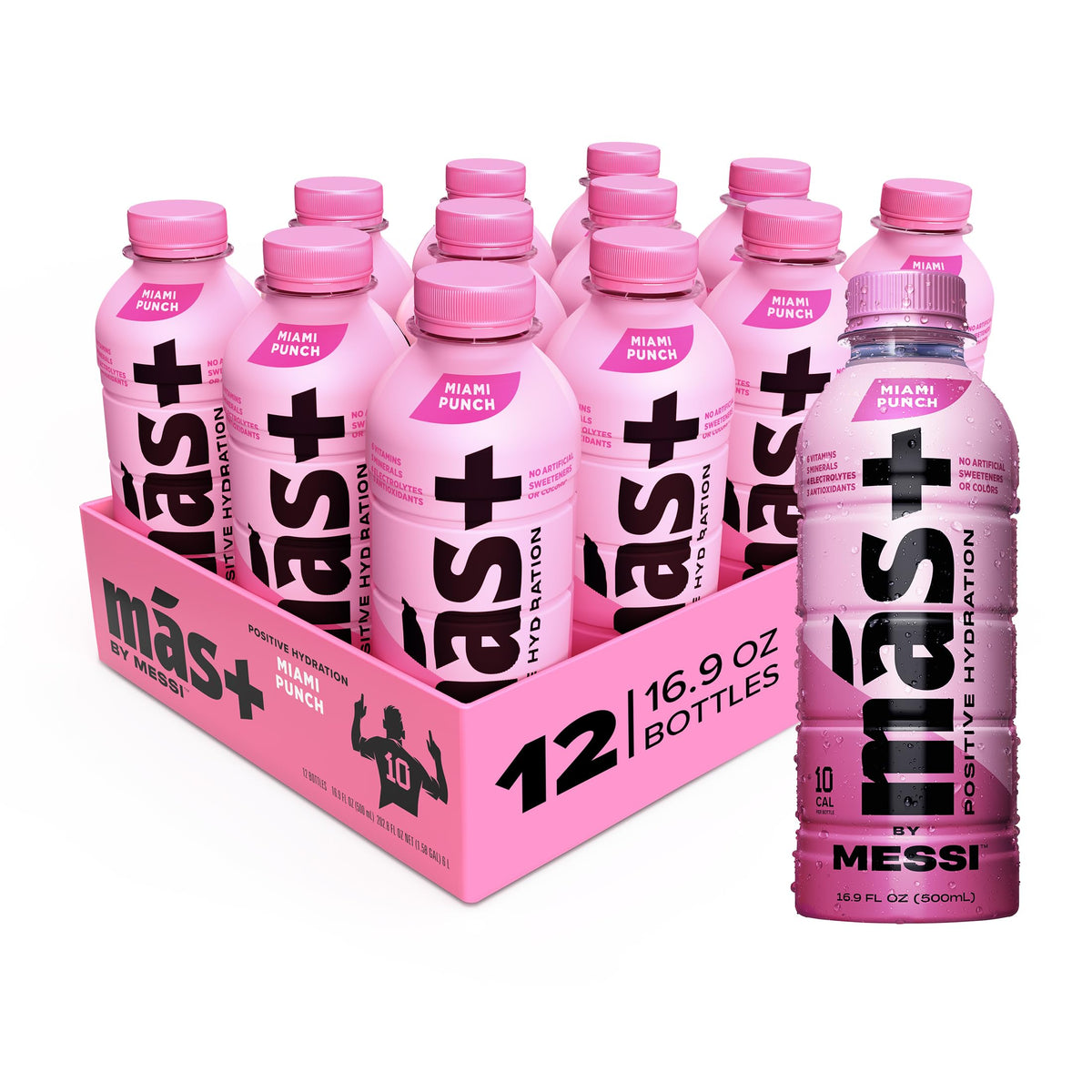 Más+ by Messi Miami Punch bottle showing natural flavors and electrolytes for on-the-go hydration