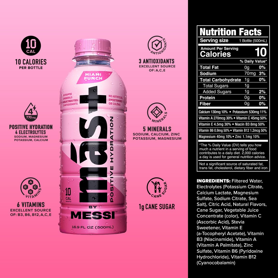 Más+ by Messi Miami Punch glass conveys refreshing taste and electrolyte balance for workouts