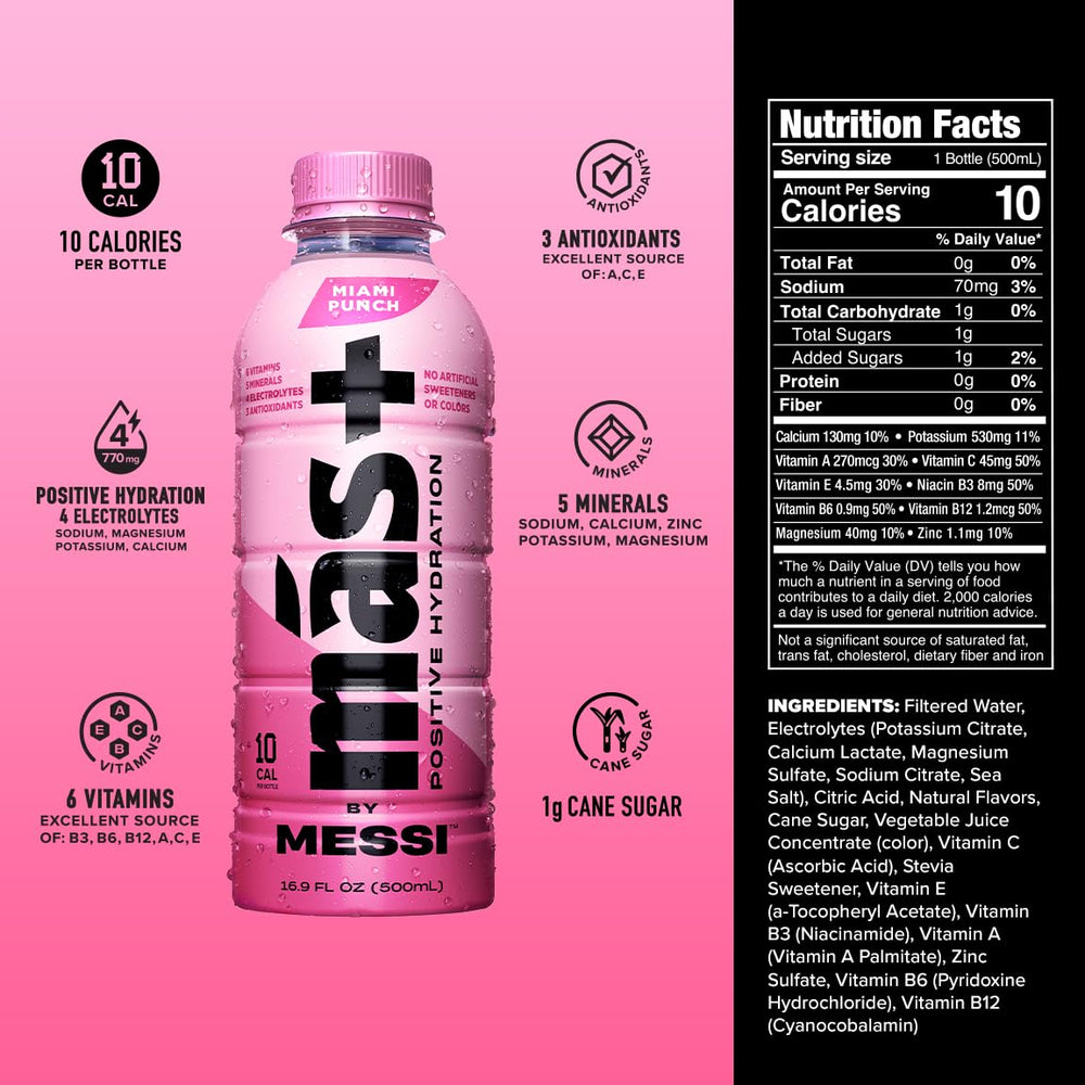 Más+ by Messi Miami Punch glass conveys refreshing taste and electrolyte balance for workouts