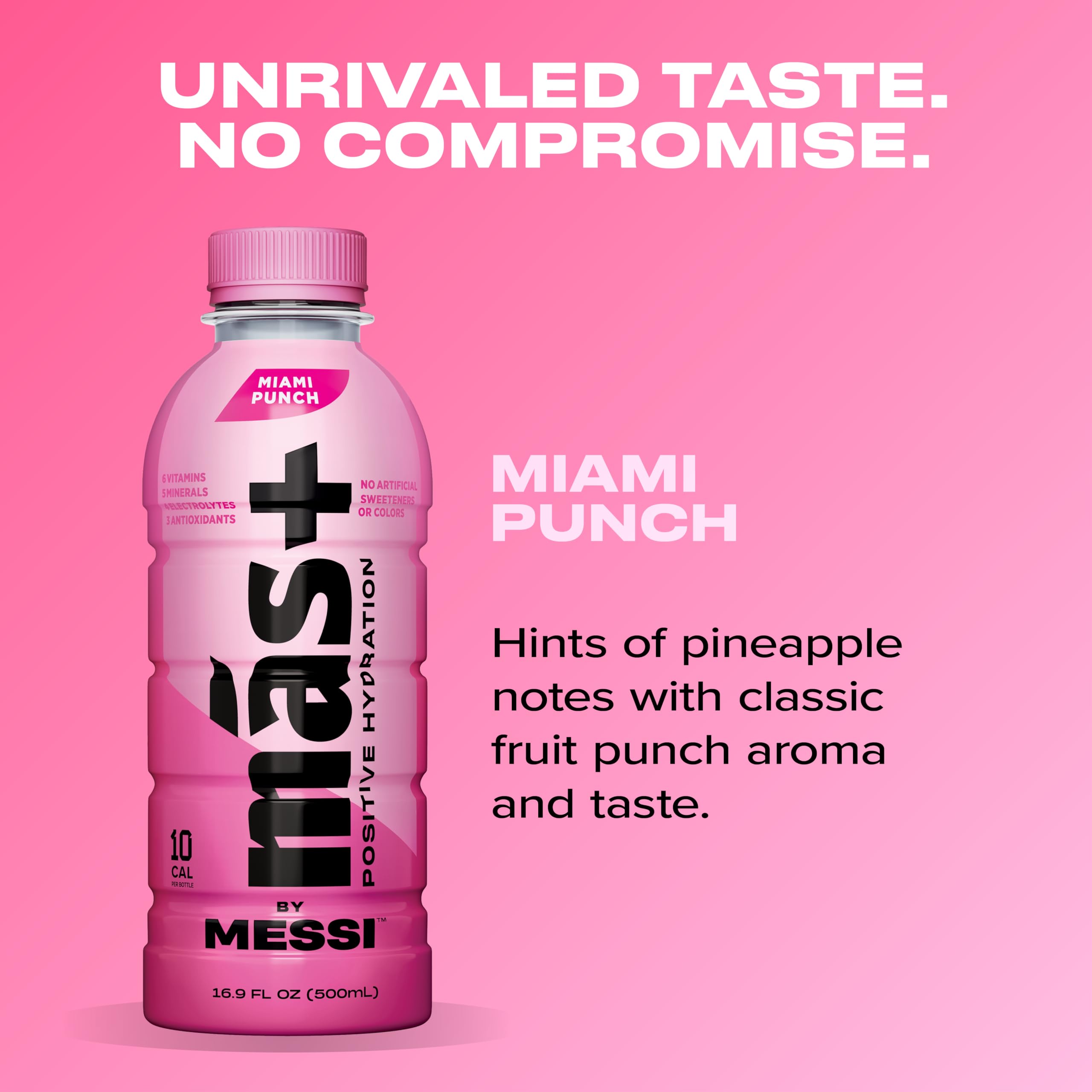 Más+ by Messi Miami Punch label highlights no artificial colors or sweeteners for clean hydration