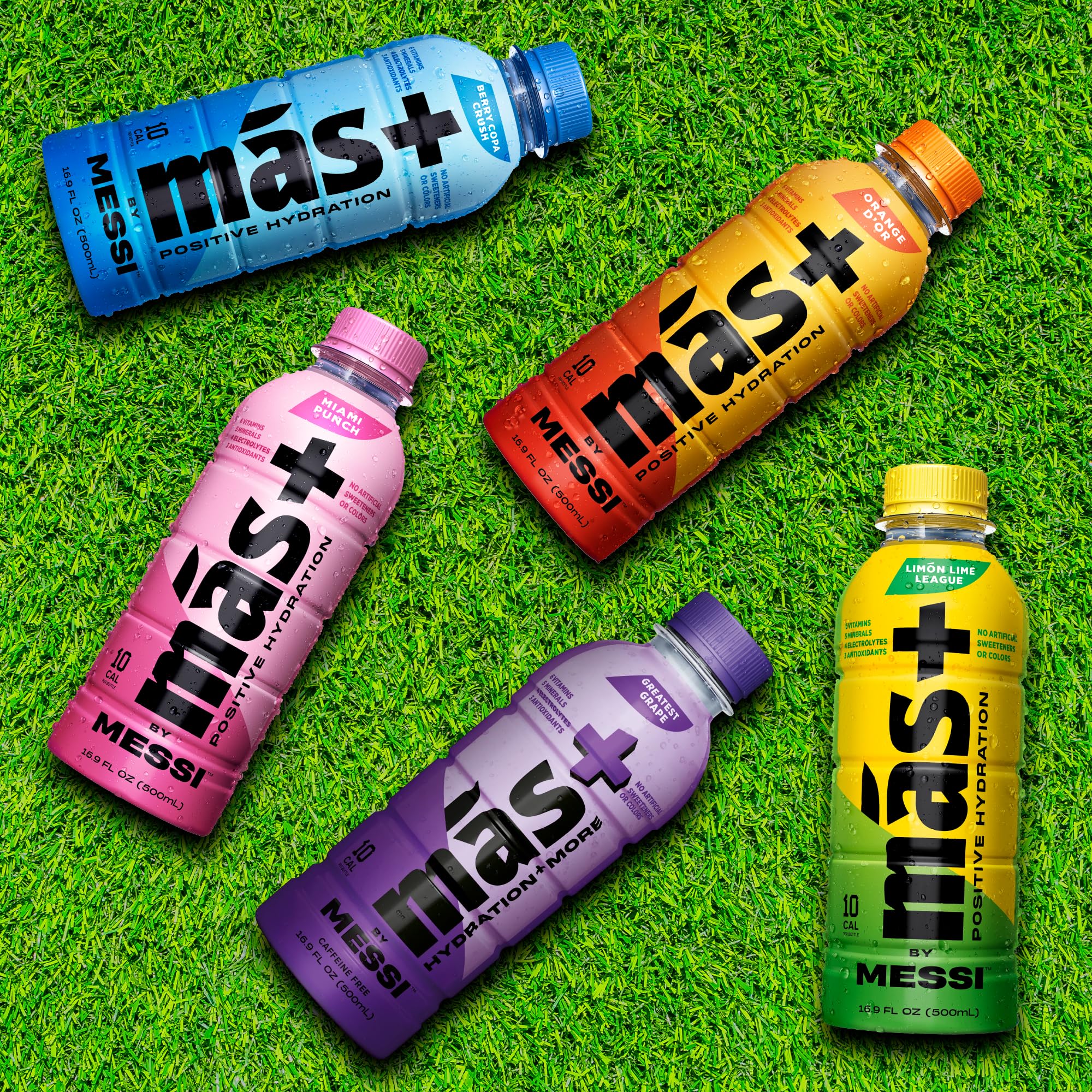 Más+ by Messi Berry Copa Crush bottle front with gluten-free, no artificial colors.