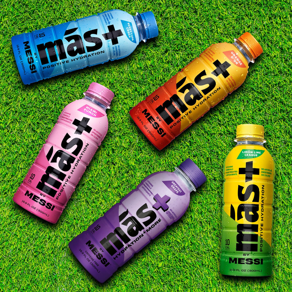 Más+ by Messi Berry Copa Crush bottle front with gluten-free, no artificial colors.
