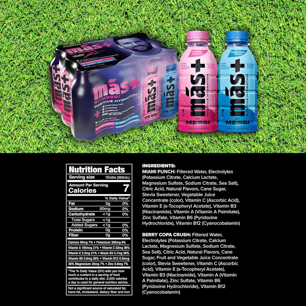 Más+ by Messi Berry Copa Crush bottle showing natural flavor hydration.