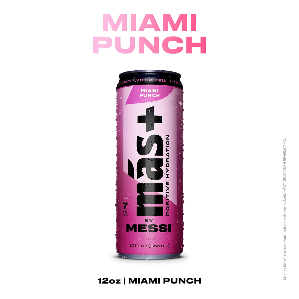 Más+ by Messi Berry Copa Crush can with berry-cherry taste and electrolytes