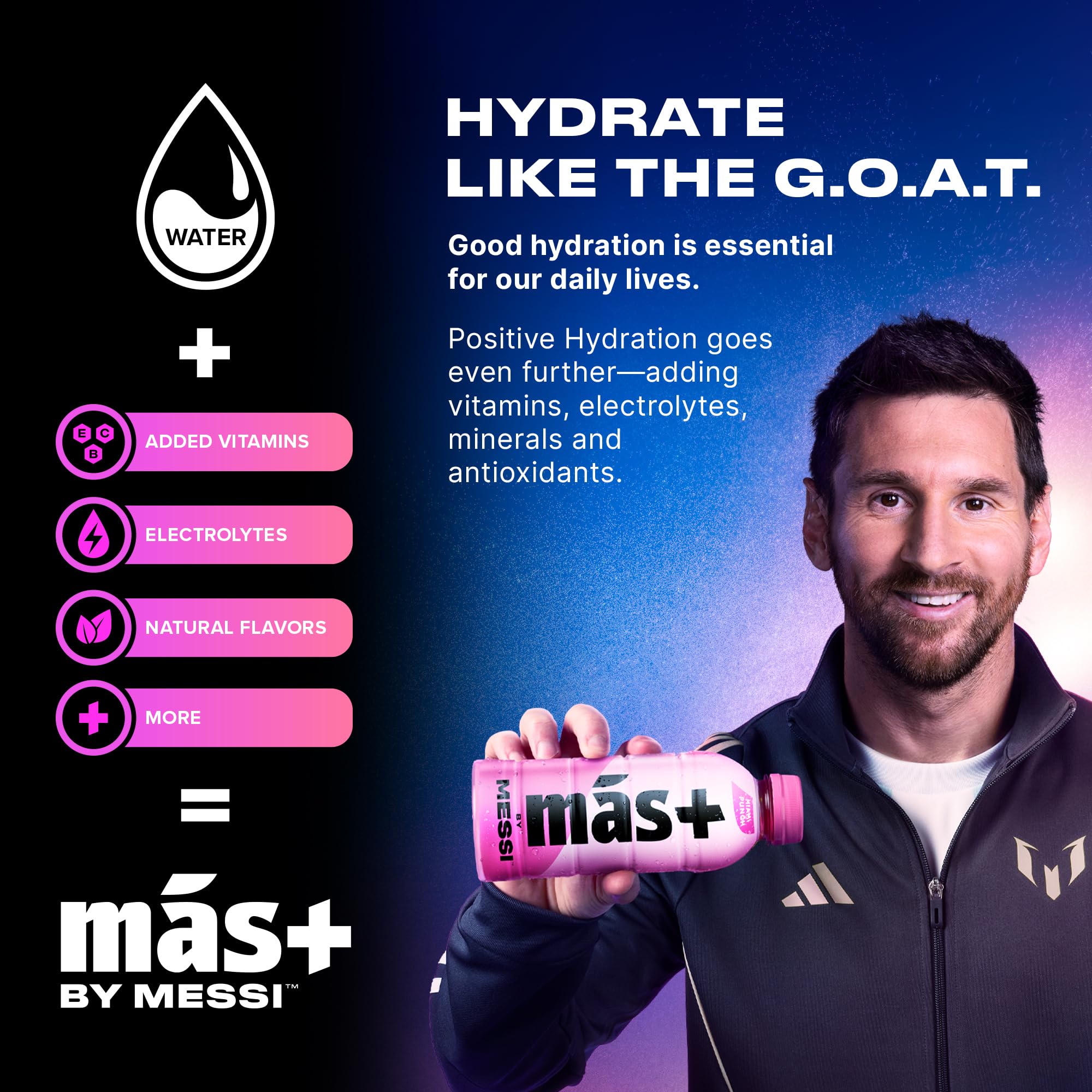 Más+ by Messi pour image showing a 16.9 oz serving for activity.