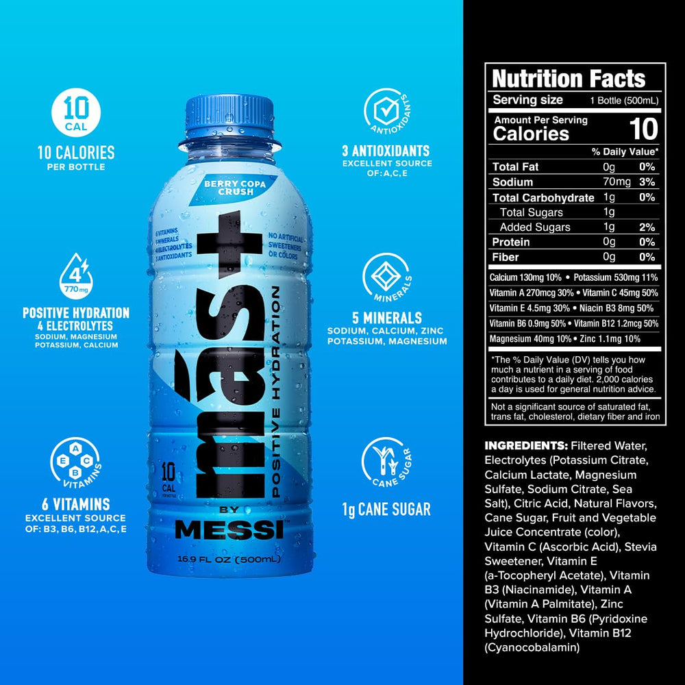 Más+ by Messi electrolyte blend bottle highlights electrolyte support for active days.