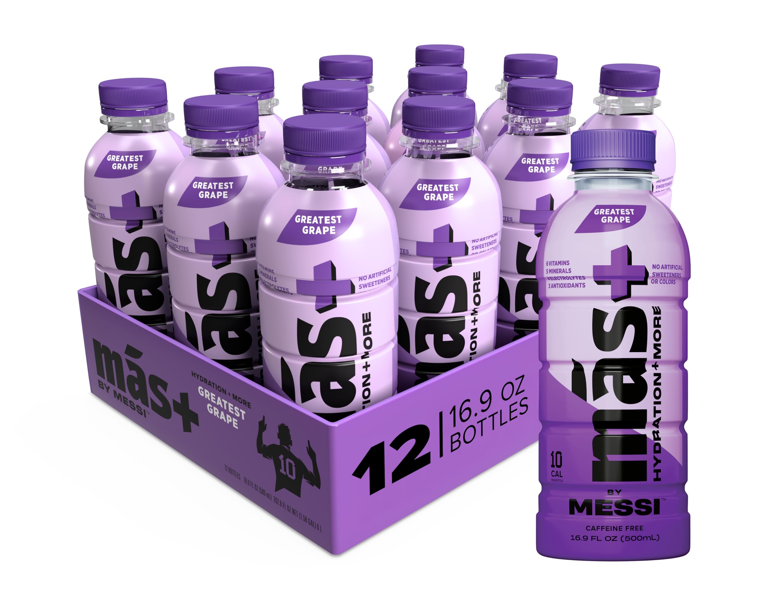 Más+ by Messi Greatest Grape bottle front for on-the-go hydration.