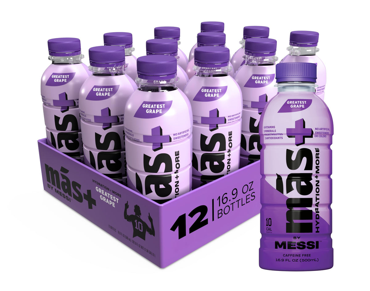 Más+ by Messi Greatest Grape bottle front for on-the-go hydration.