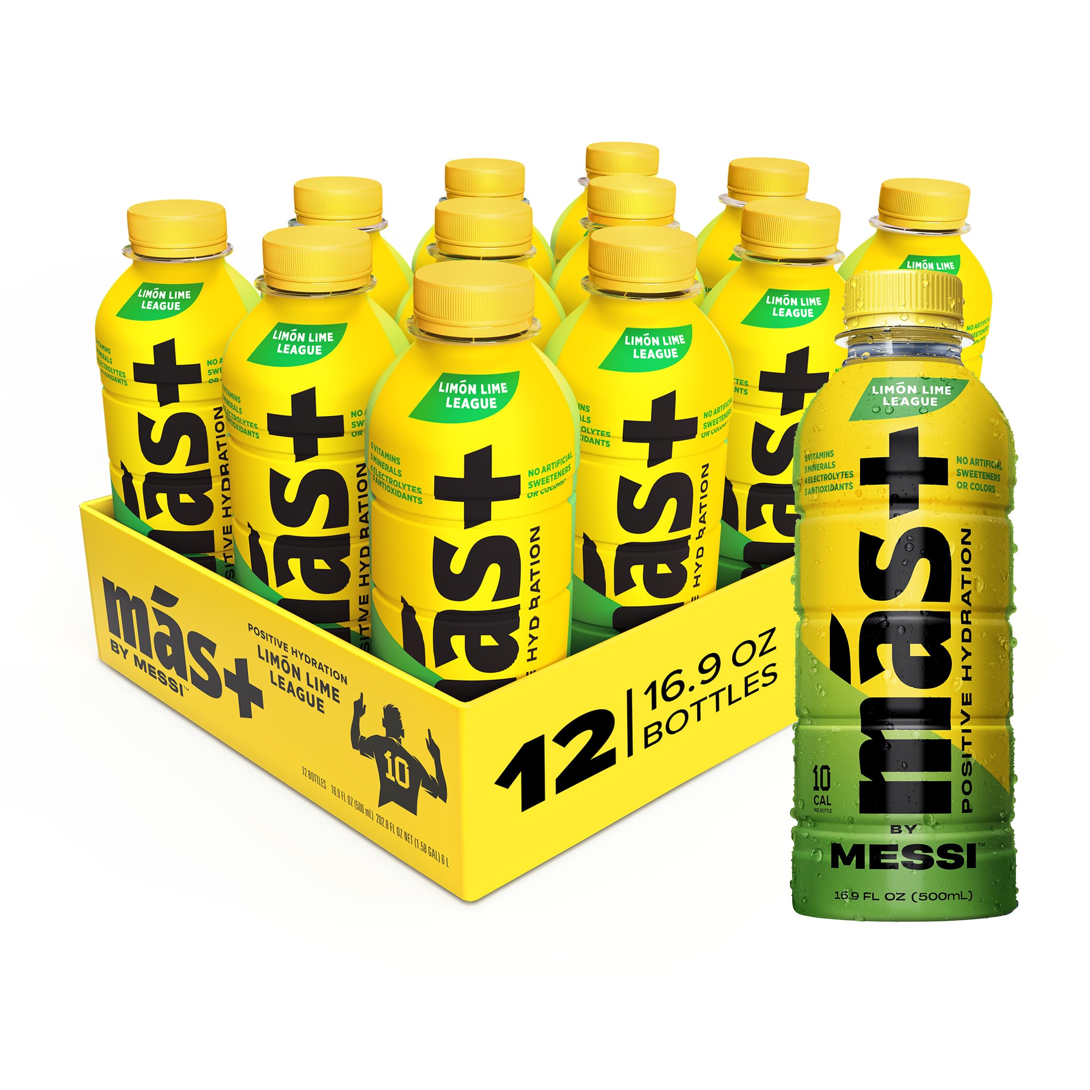 Mas+ by Messi Limón Lime League bottle pouring for refreshing hydration on the go