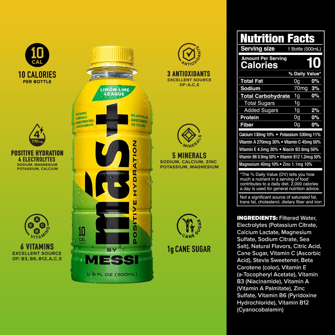 Mas+ by Messi Limón Lime League bottle side view highlighting natural flavors and zero artificial colors