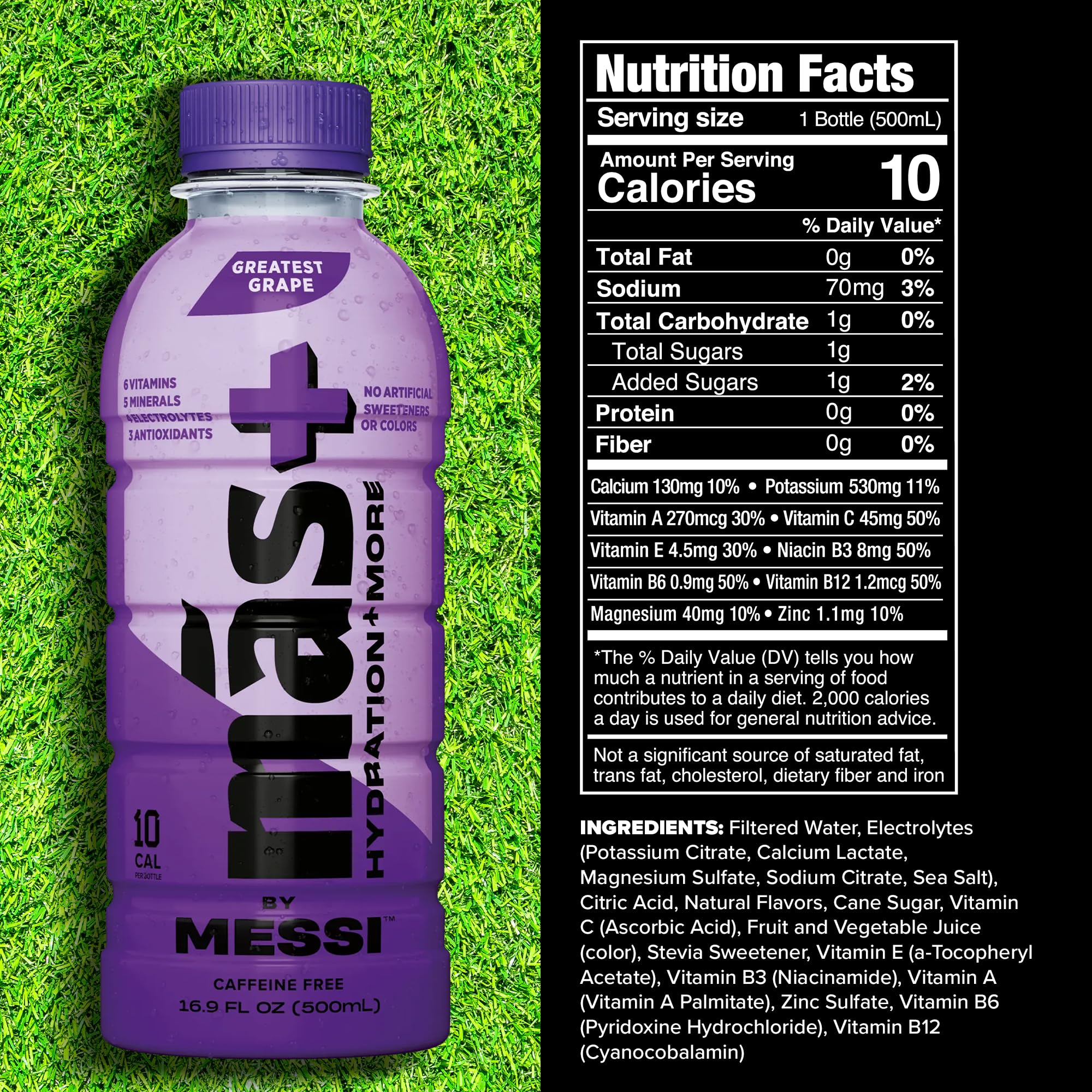 Más+ by Messi Miami Punch bottle front highlighting refreshing electrolytes.