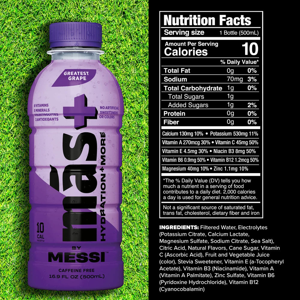 Más+ by Messi Miami Punch bottle front highlighting refreshing electrolytes.