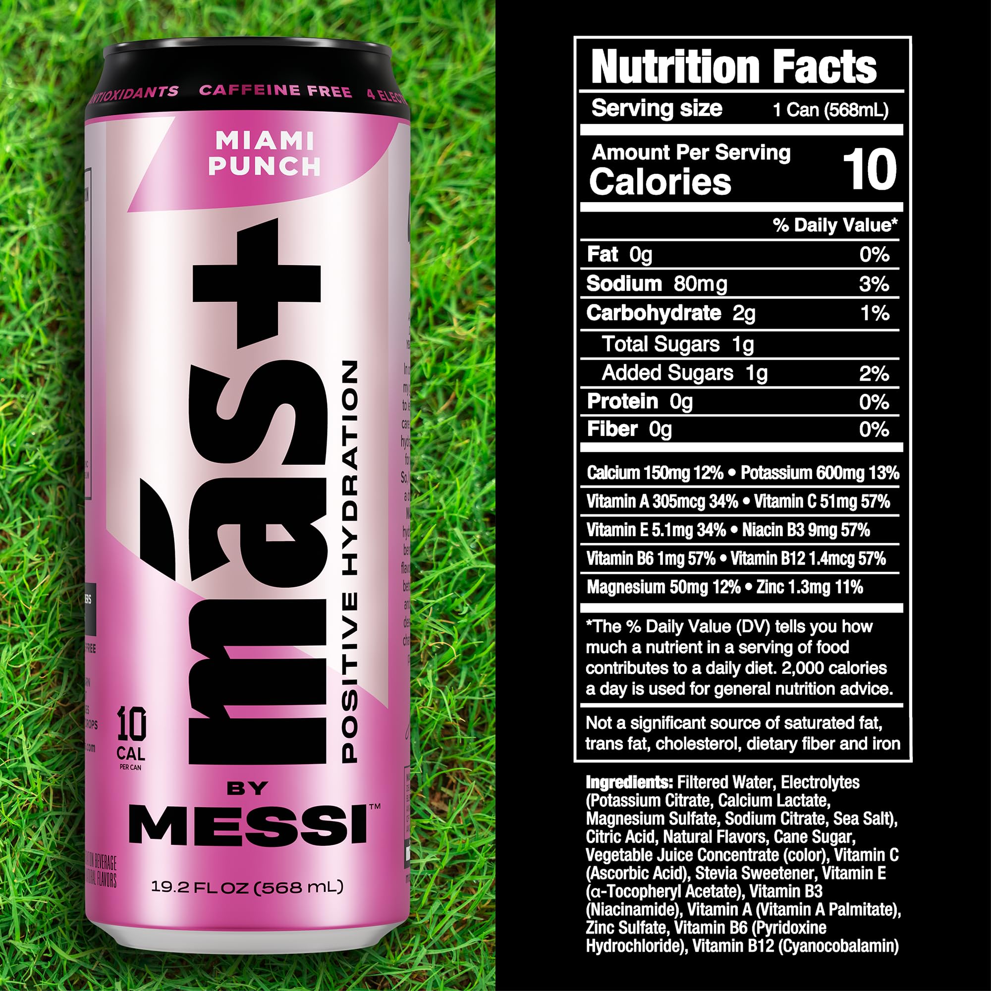 Más+ by Messi Miami Punch glass pour for on-the-go hydration.