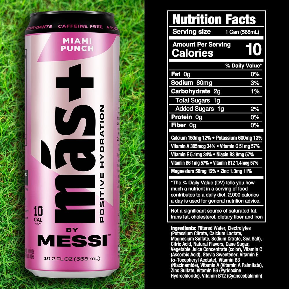 Más+ by Messi Miami Punch glass pour for on-the-go hydration.