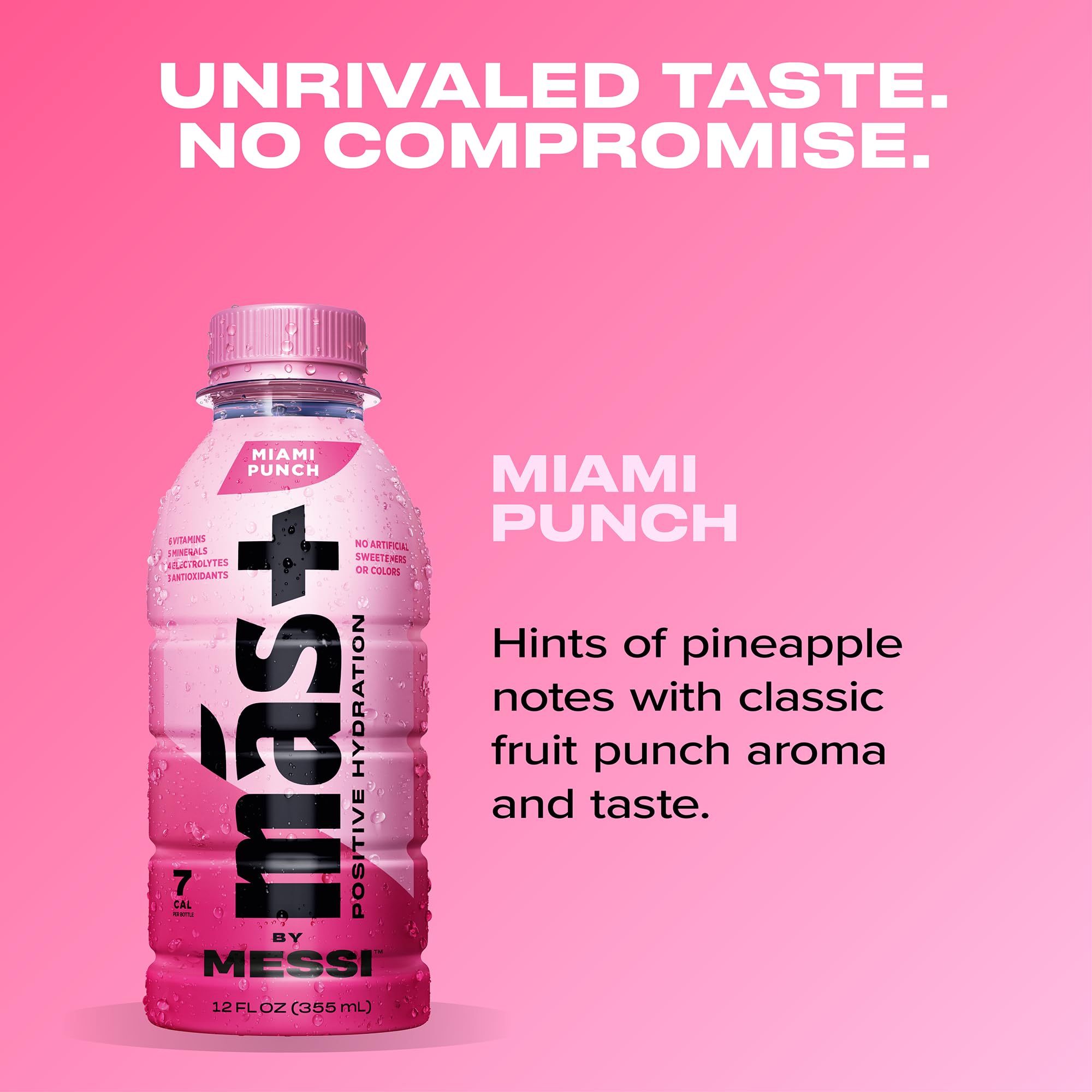 Más+ by Messi Miami Punch label close-up highlighting vitamins.