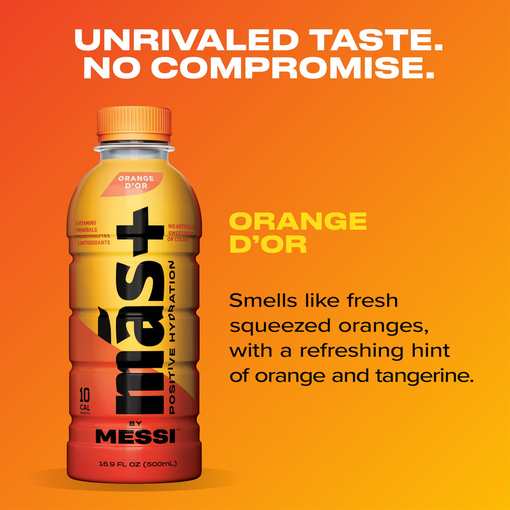 Más+ by Messi Orange d’Or glass filled with vibrant citrus hydration.