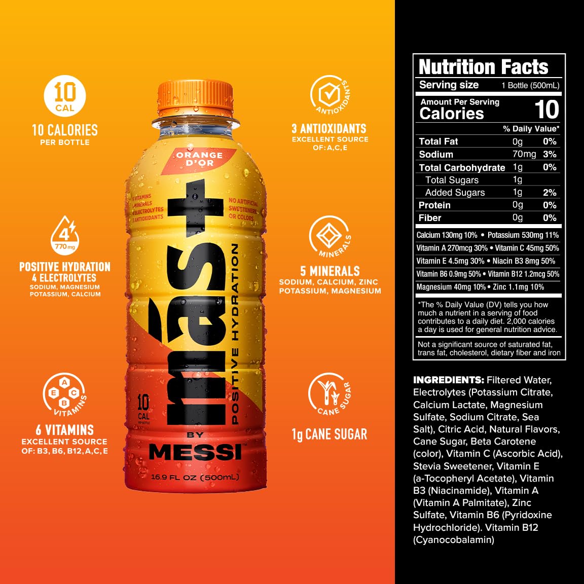 Más+ by Messi Orange d’Or label close-up highlights natural flavors and no artificial colors.