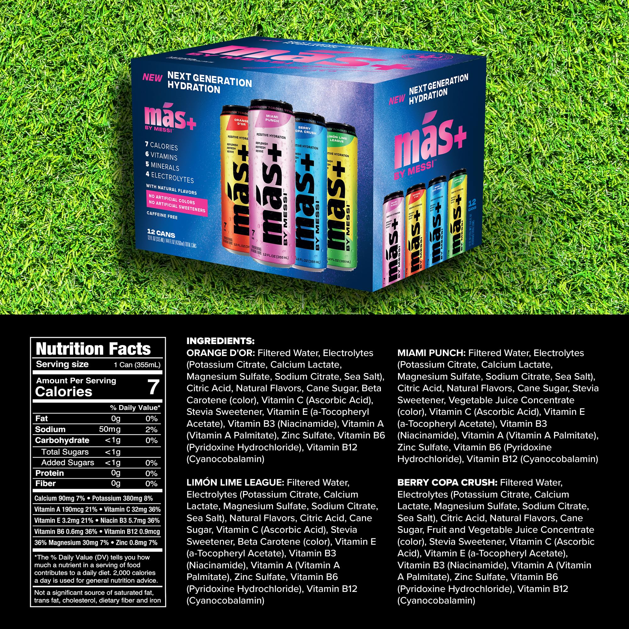 Chilled Más+ by Messi glass emphasizes refreshing, natural hydration