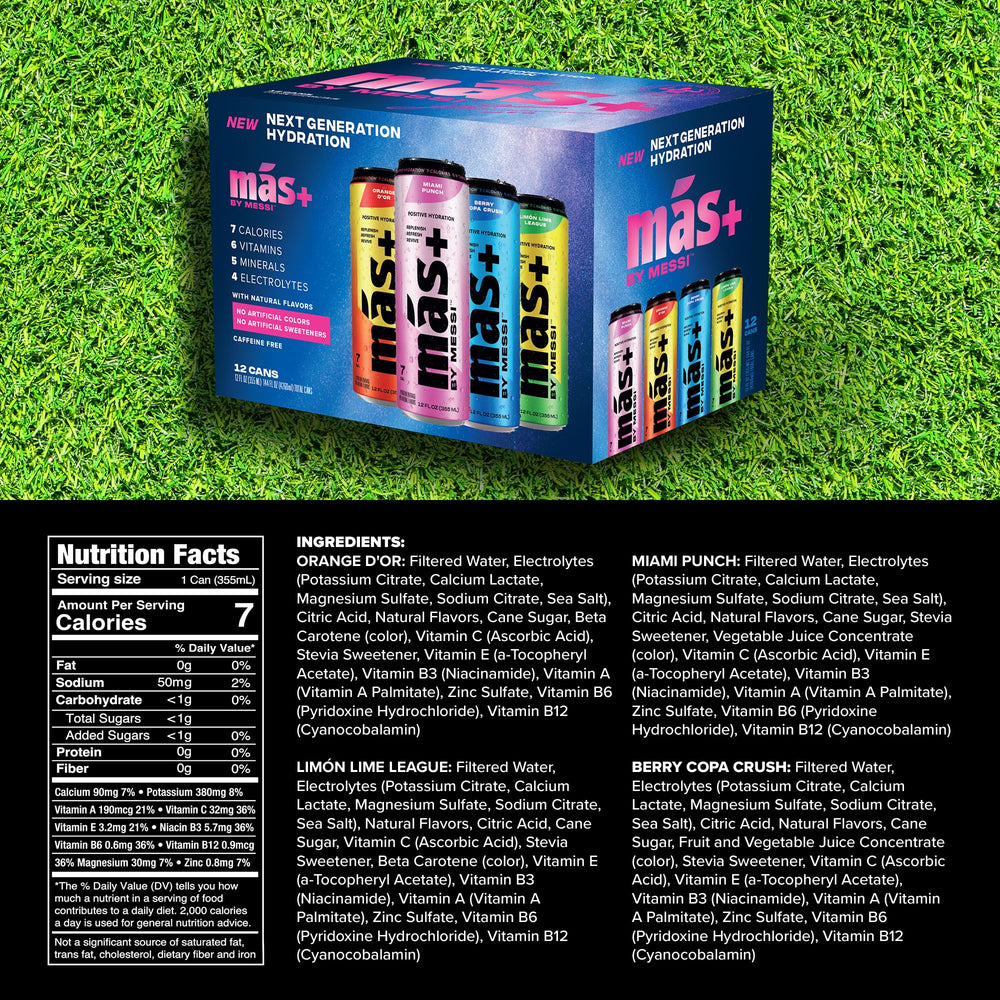 Chilled Más+ by Messi glass emphasizes refreshing, natural hydration