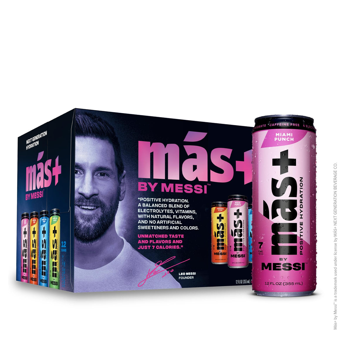 Más+ by Messi variety pack cans show four flavors for daily hydration