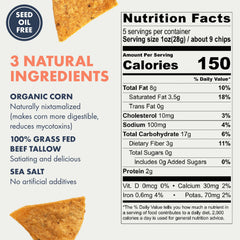 MASA chips with grass-fed tallow and sea salt in pack for savory snacking.