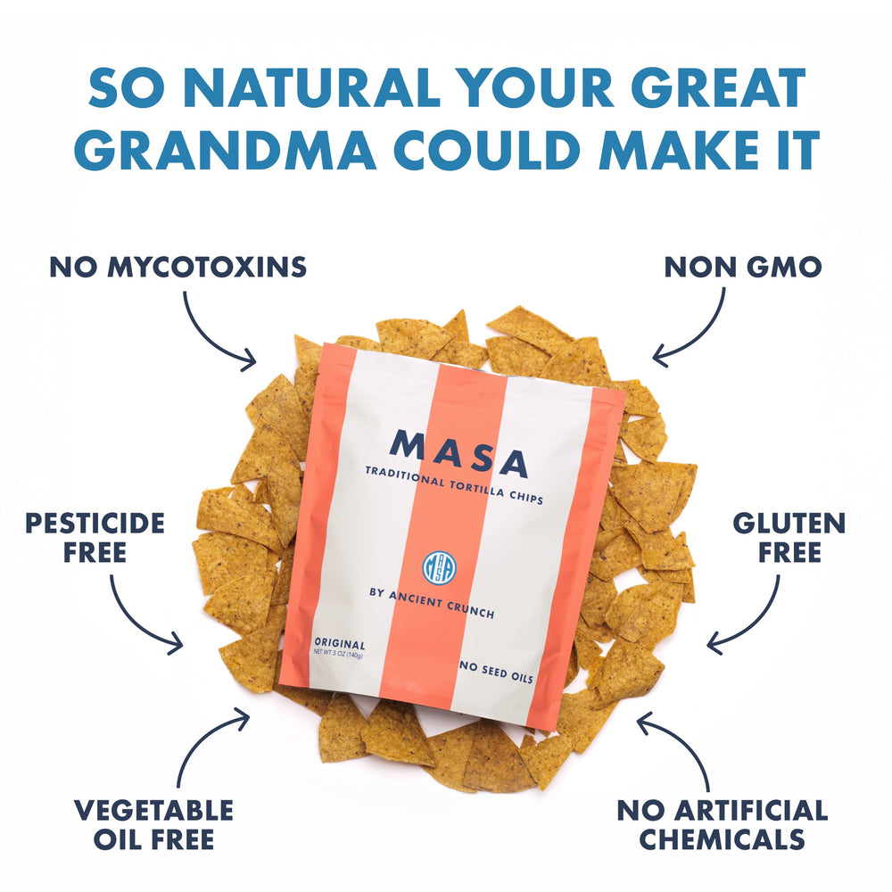 MASA chips showing nixtamalized corn texture, gluten-free and seed-oil free.