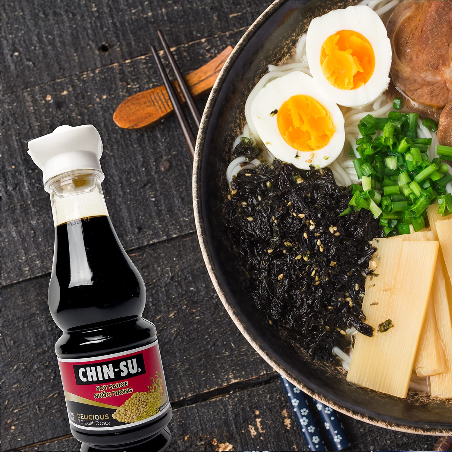 Chin-Su Premium Soy Sauce bottle label highlights vegan and reduced-sodium