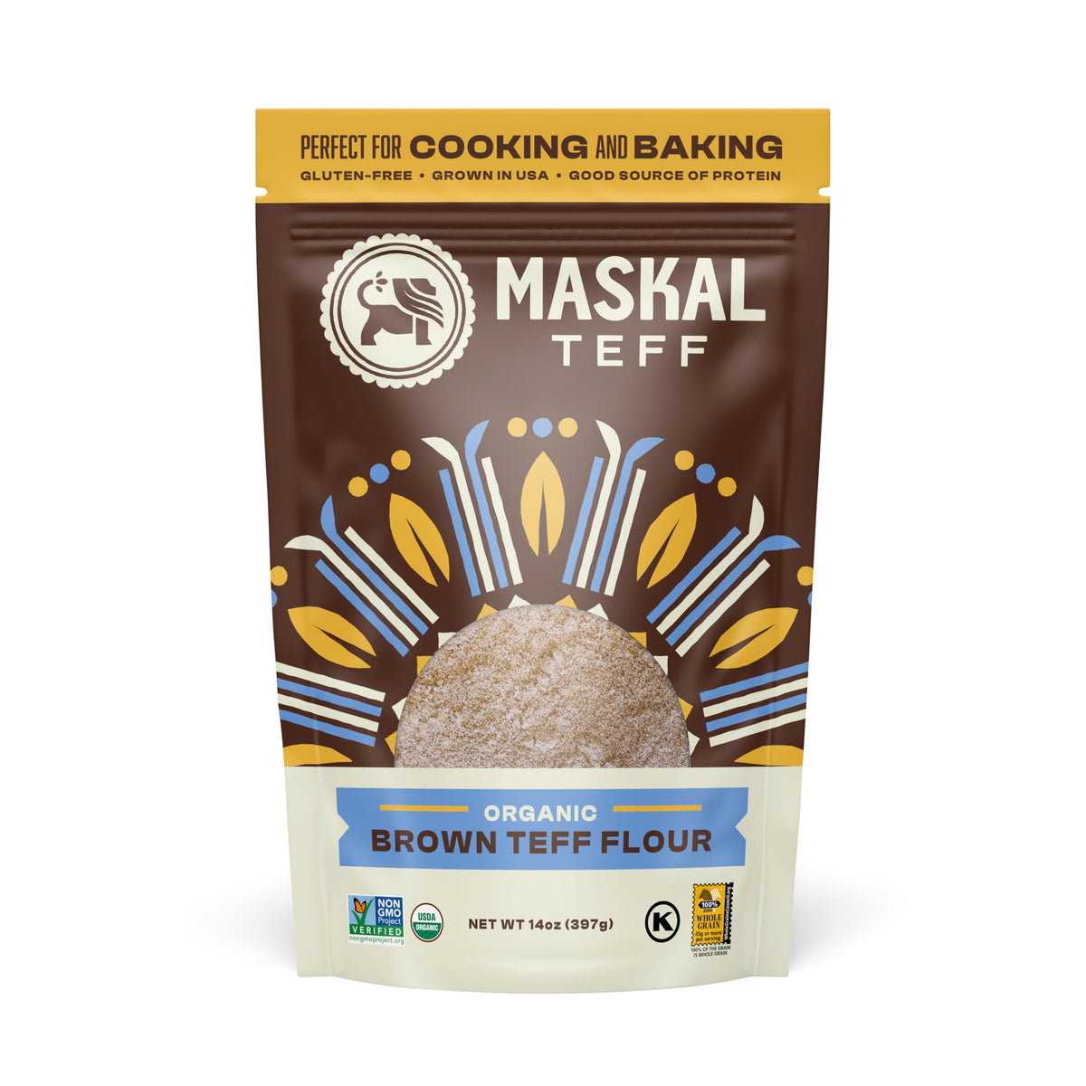Maskal Teff Brown Teff Flour bag front ideal for gluten-free baking.
