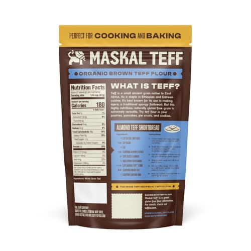 Maskal Teff Brown Teff Flour label signaling organic and whole-grain quality.
