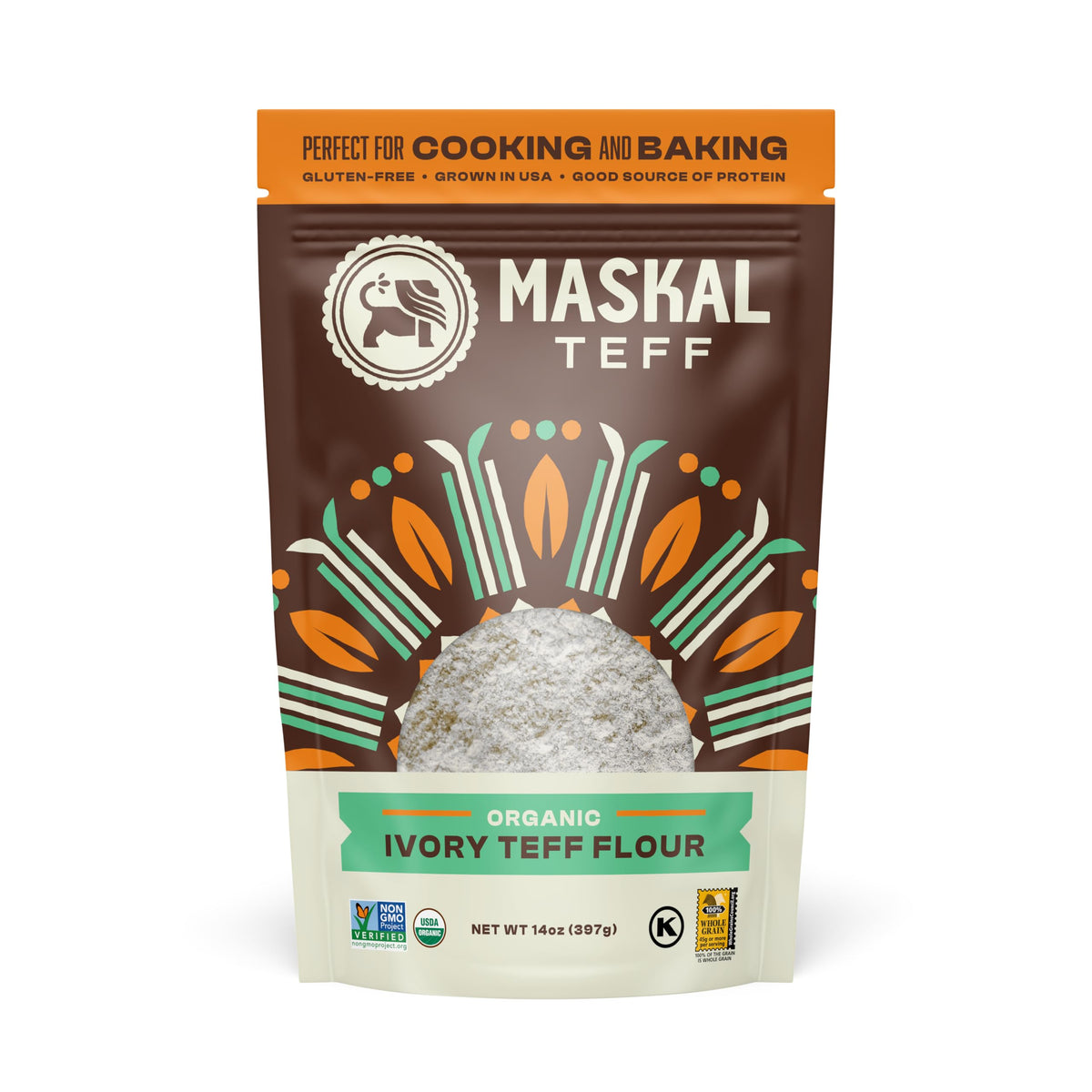 Maskal Teff Ivory Flour packaging showcases gluten-free, nutrient-rich baking at home.