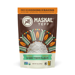 Maskal Teff Ivory Flour packaging showcases gluten-free, nutrient-rich baking at home.