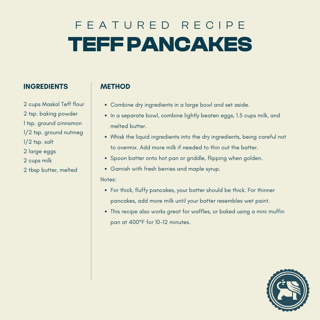 Maskal Teff Ivory Flour pancakes showcase a protein-friendly breakfast option.