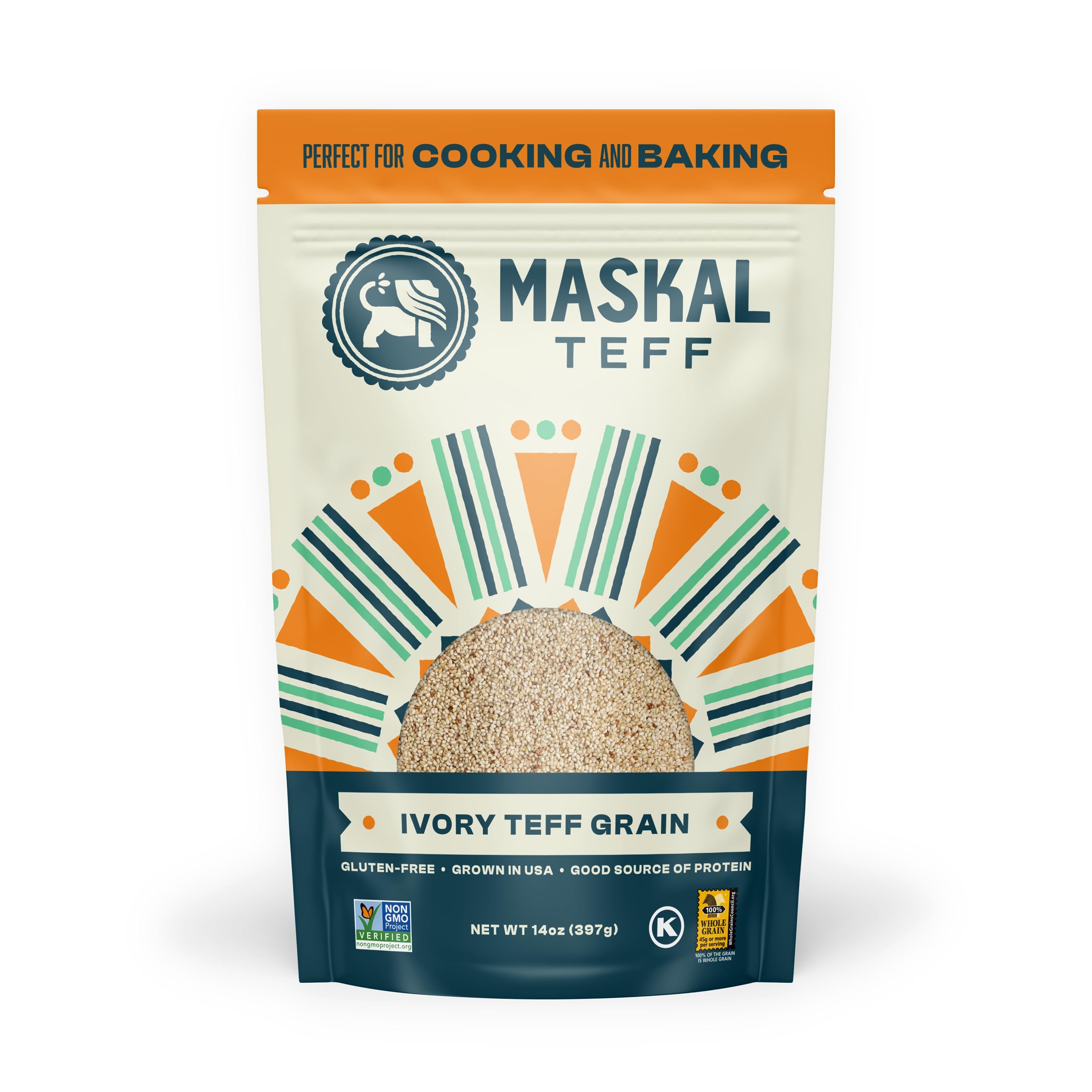 Maskal Teff Ivory grain in a resealable bag for gluten-free meals.