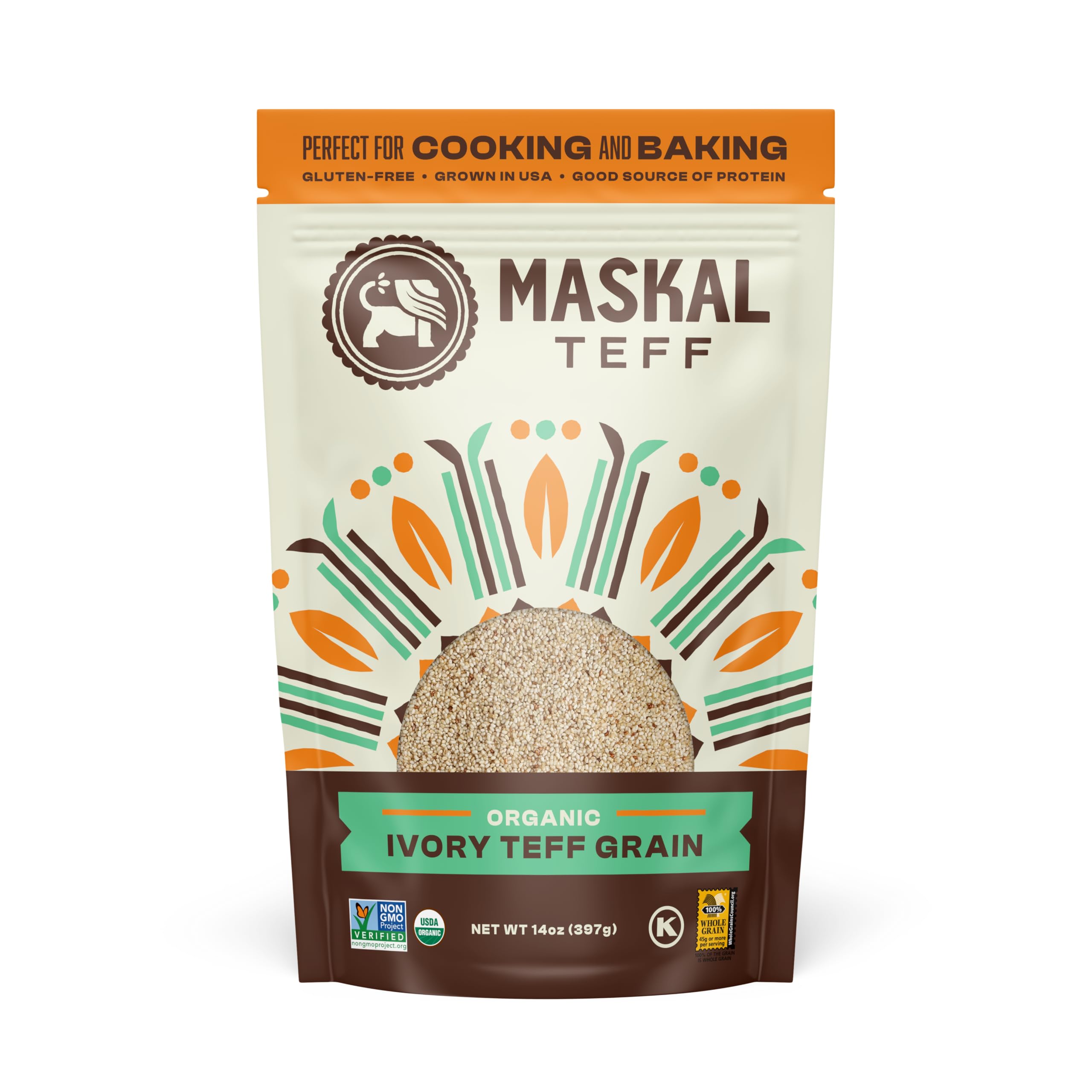 Maskal Teff Ivory Teff grain in a resealable bag for gluten-free meals